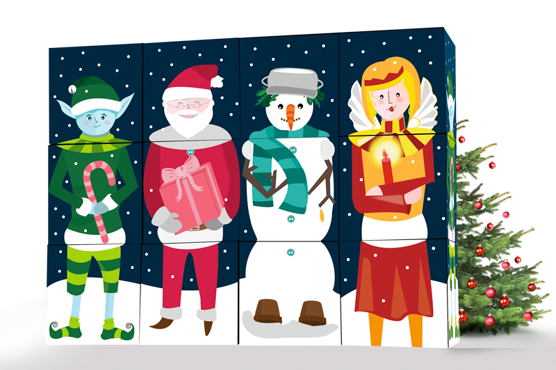 Lustige Weihnachtsfiguren zum drehen und individuell zusammenstellen als ganze Würfelwand von CubeMaker.