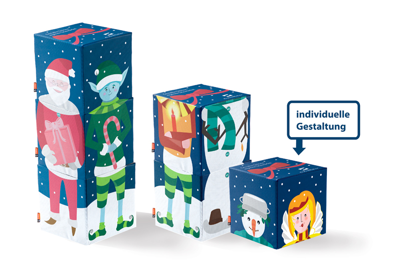 Die Motive im Weihnachtsdesign auf den Sitzwürfeln von CubeMaker können beliebig zusammengestellt und kombiniert werden.